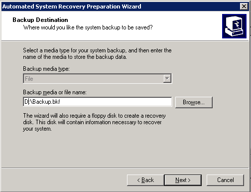 Choosing Backup destination in Windows Server 2003 image backup with NTBackup