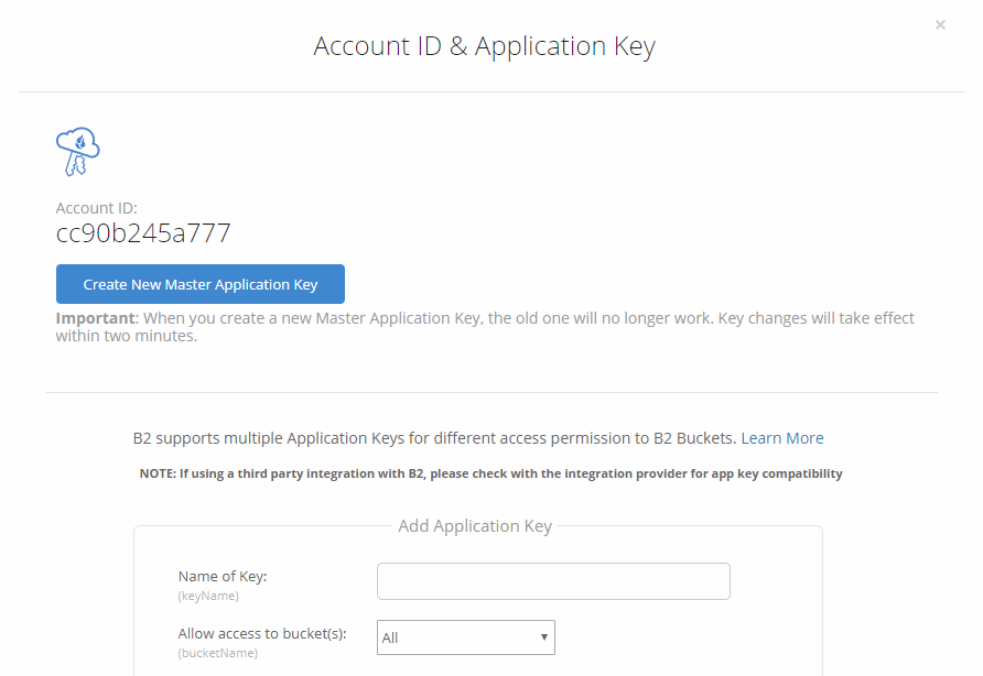 BackBlaze B2 Application Key