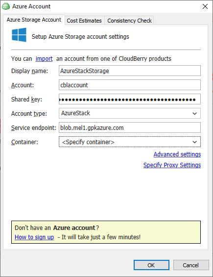 Azure Account dialog box