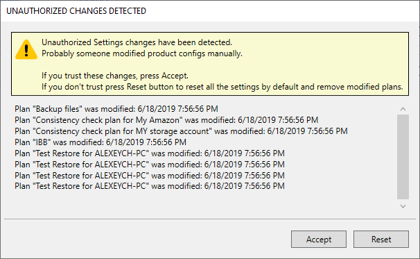 Unauthozired changes dialog box