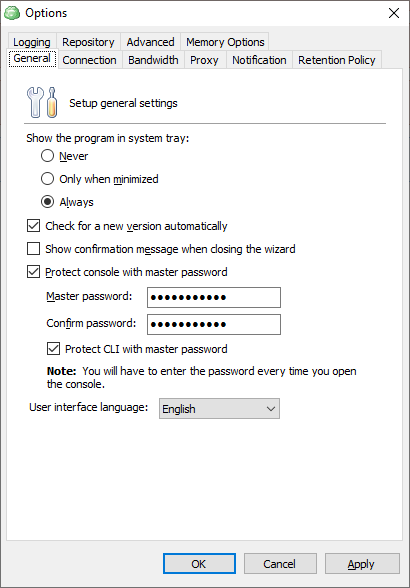 Master password tab in the Options dialog box