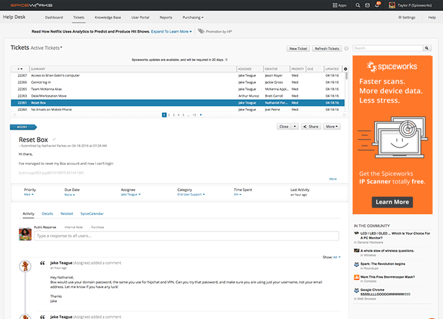 Spiceworks free helpdesk ticketing system - screenshot