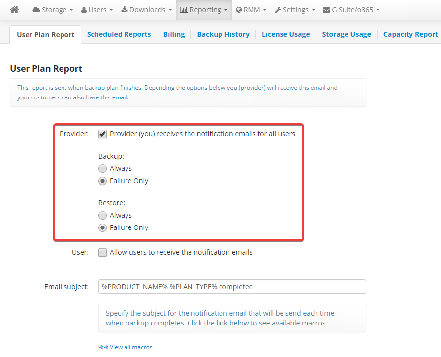 User Plan Report