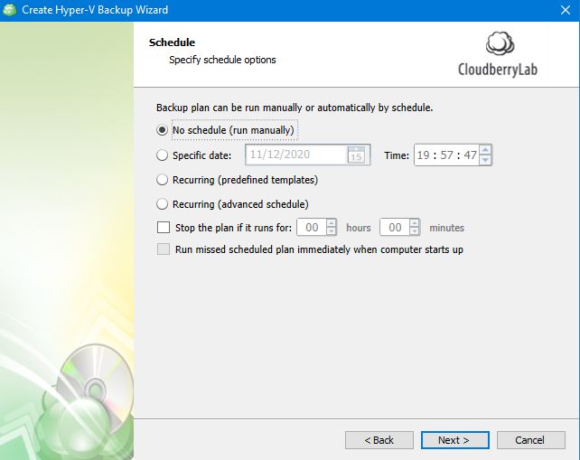 Hyper-V Backup: Schedule