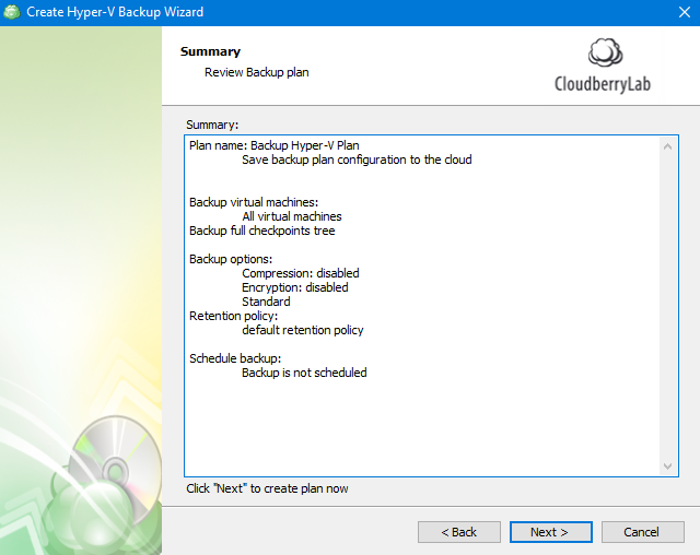 Hyper-V Backup: Plan Summary