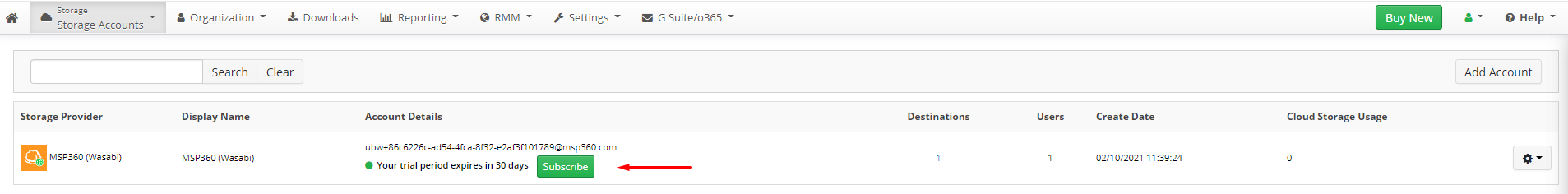 MSP360 Managed Backup Service Console: Getting a Paid Storage Account