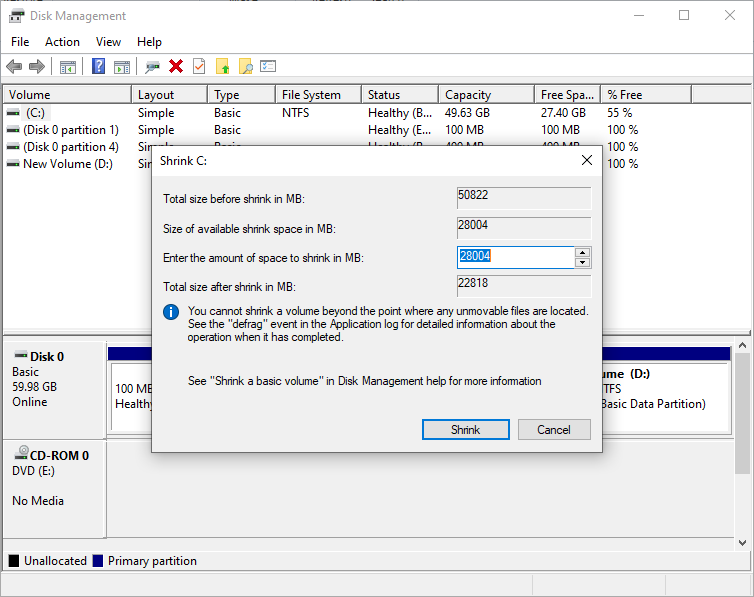 Shrinking Volume in Disk Management