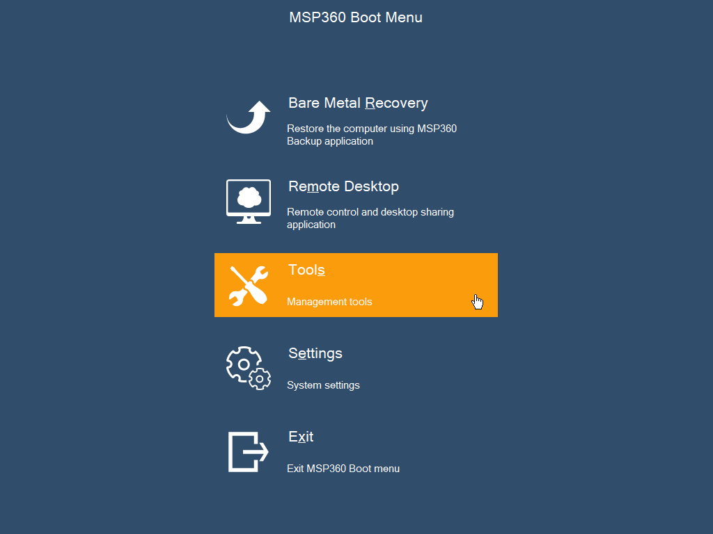 MSP360 Boot Menu – Tools