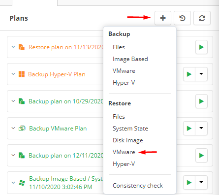 Choosing VMware Restore in MSP360 Managed Backup Console