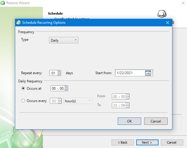 Schedule Interface in MSP360 Managed Backup Service Agent