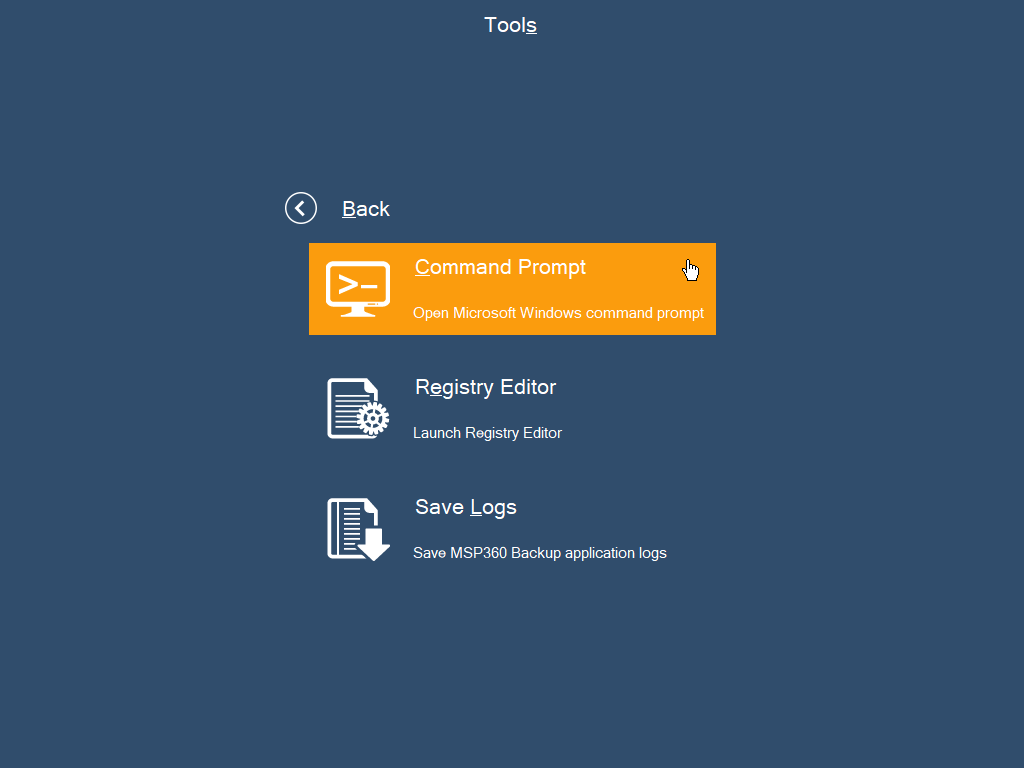 MSP360 Tools Menu – Command Prompt