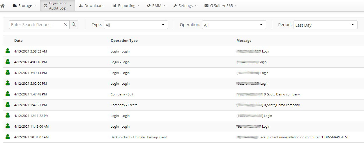 <SP360 Managed Backup Service: Audit Log