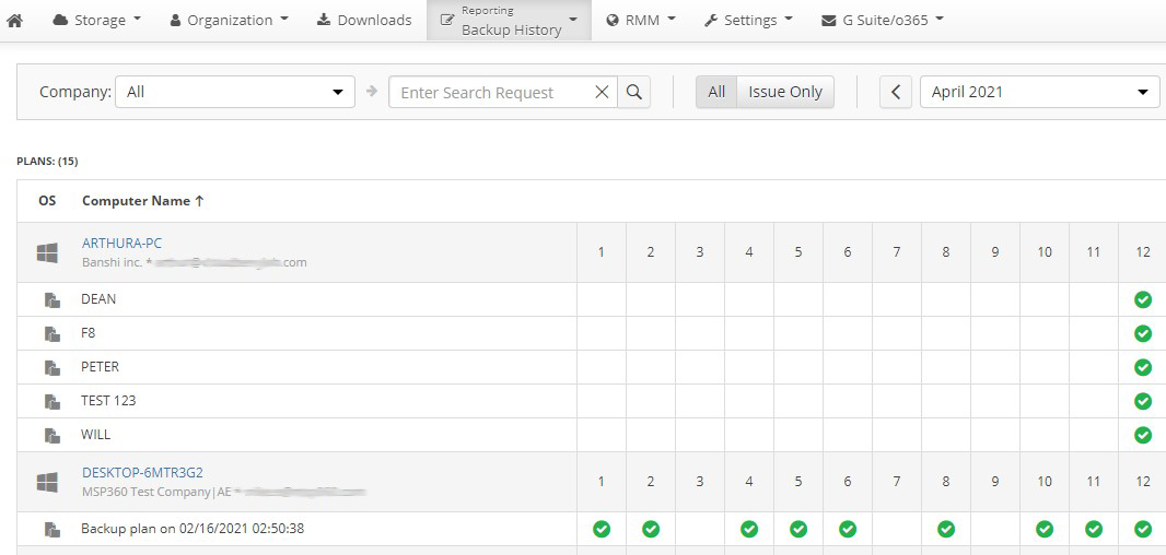 <SP360 Managed Backup Service: Backup History