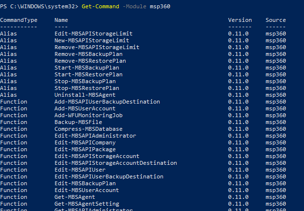A list of Cmdlets for MSP360 PowerShell Module