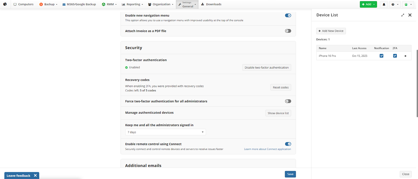 MSP360 Control - device added