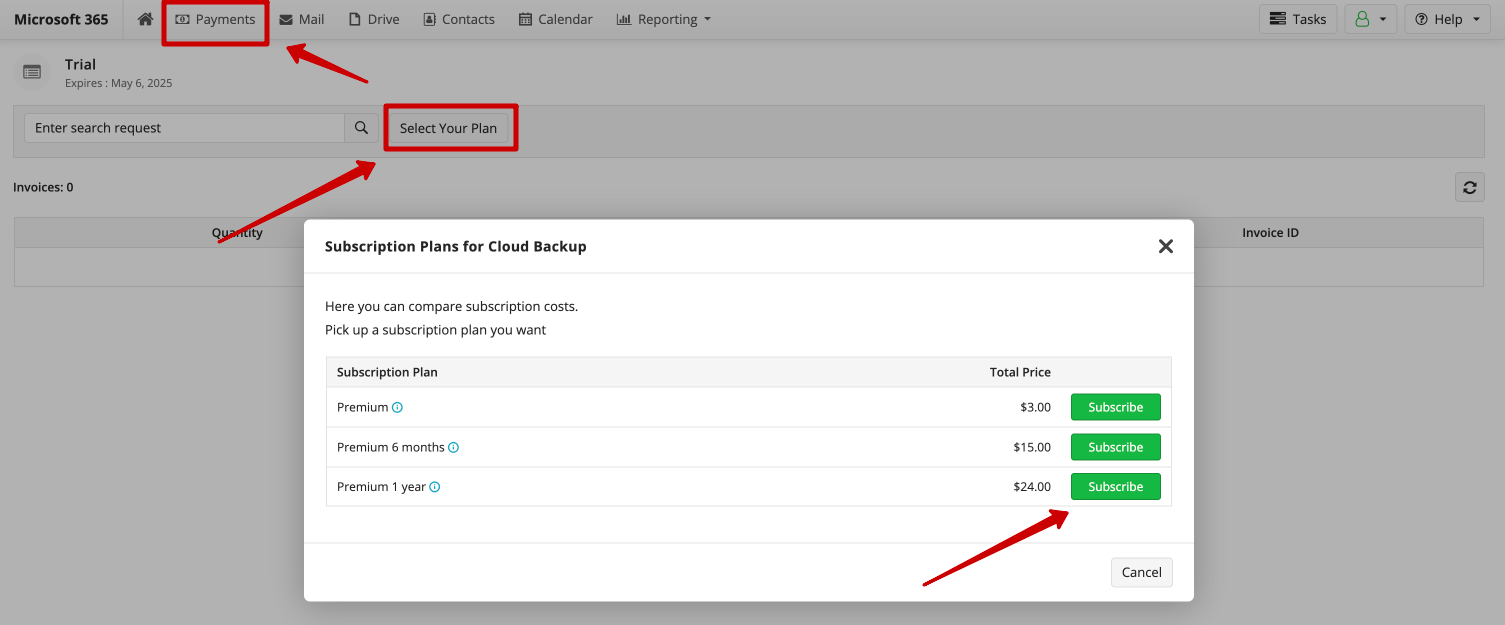 Subscription plan for Cloud Backup for Microsoft365 Personal account type