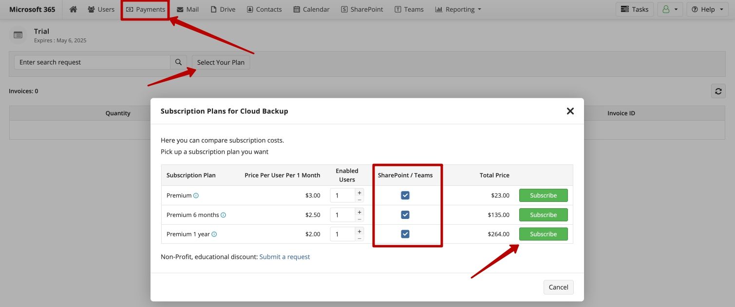 Subscription plan for Cloud Backup for Microsoft365 Business and Google Workspace account types