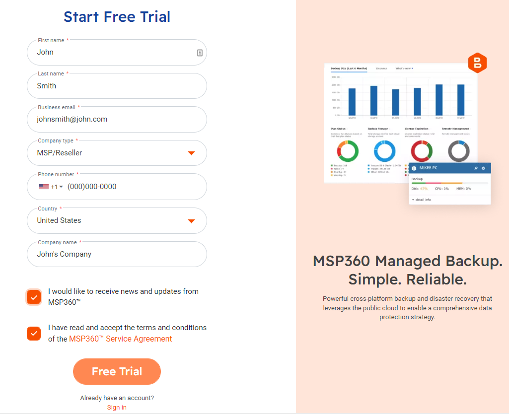 MSP360 Backup free trial