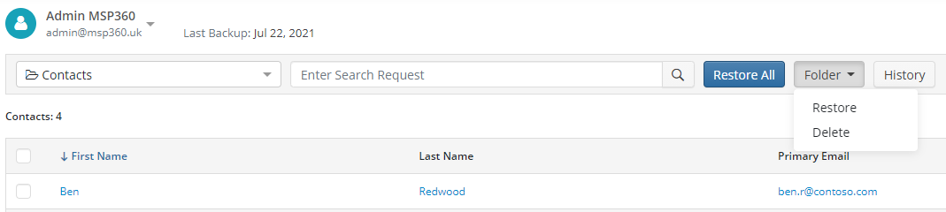 Deleting a Contacts Folder Backup in MSP360 Managed Backup
