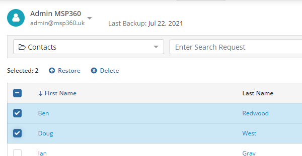 Deleting a Contacts Backup in MSP360 Managed Backup