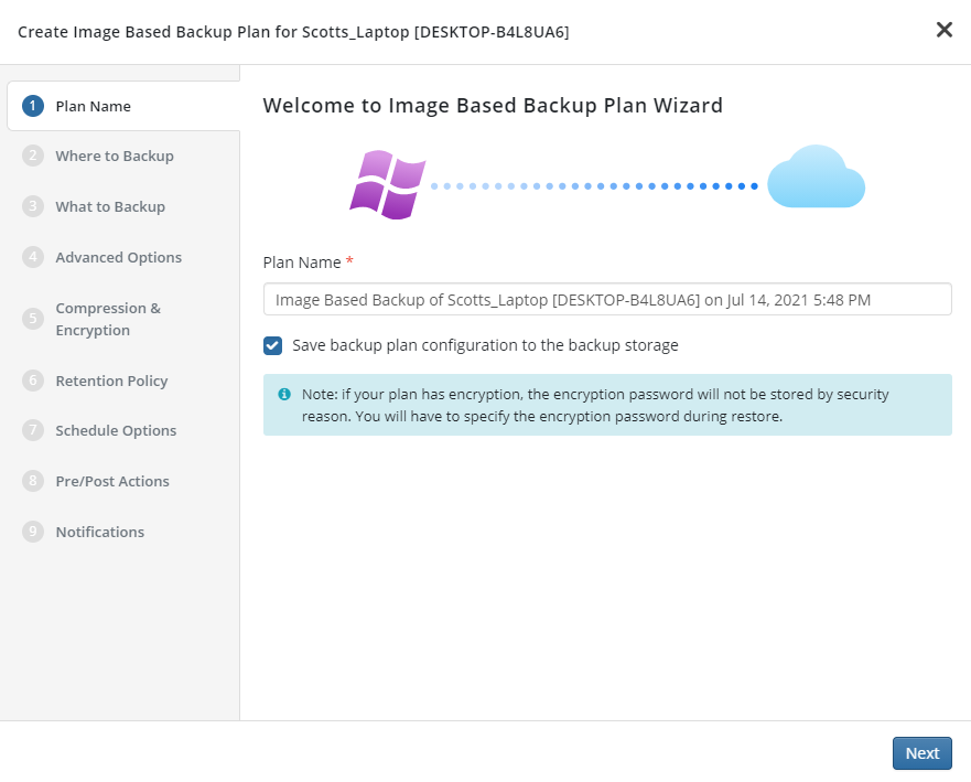 Image Based Backup Plan Wizard