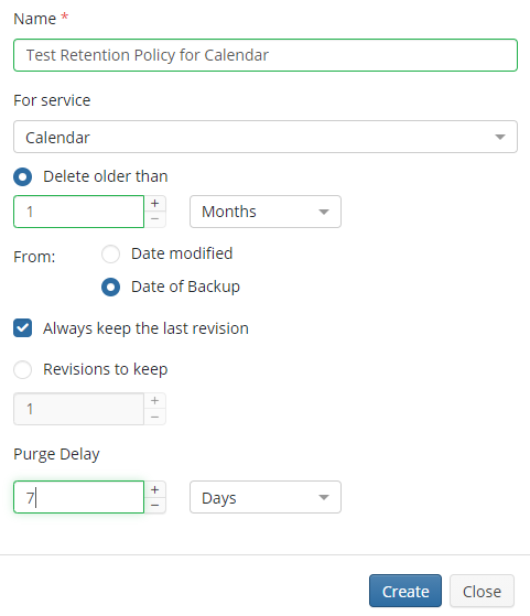 Test Retention Policy for Calendar