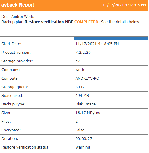 An Email You Get in Case if Restore Verification Has Finished with Warning