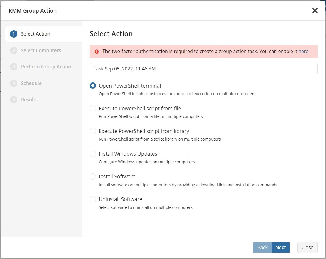 RMM group actions wizard