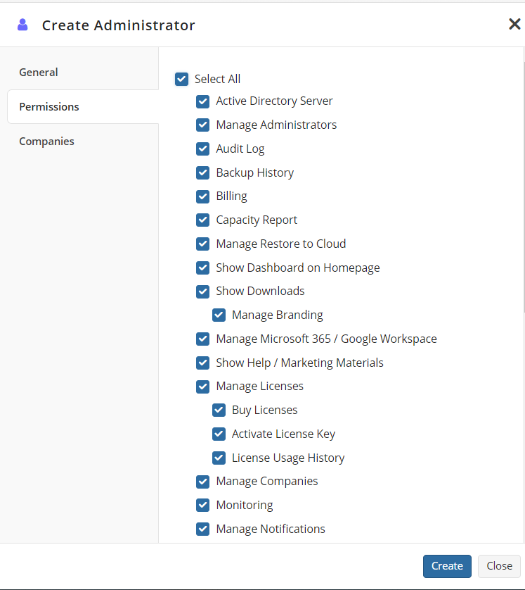 Administrators tab