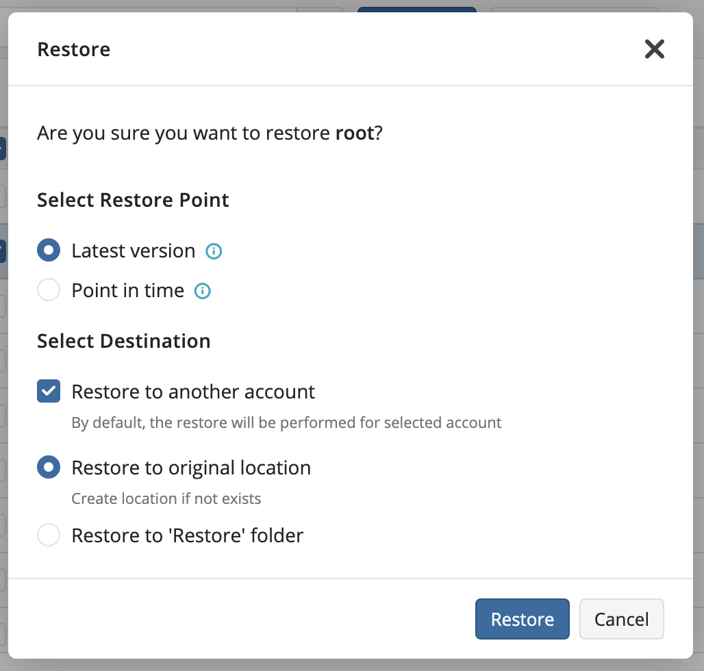 Restore to another account