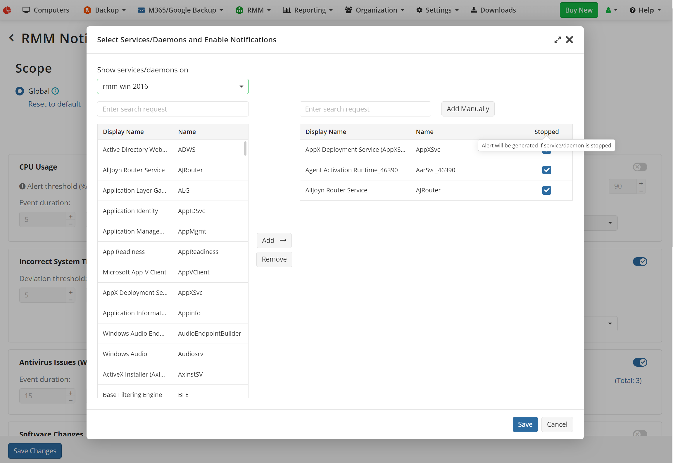 Monitoring of Services on Managed Computers