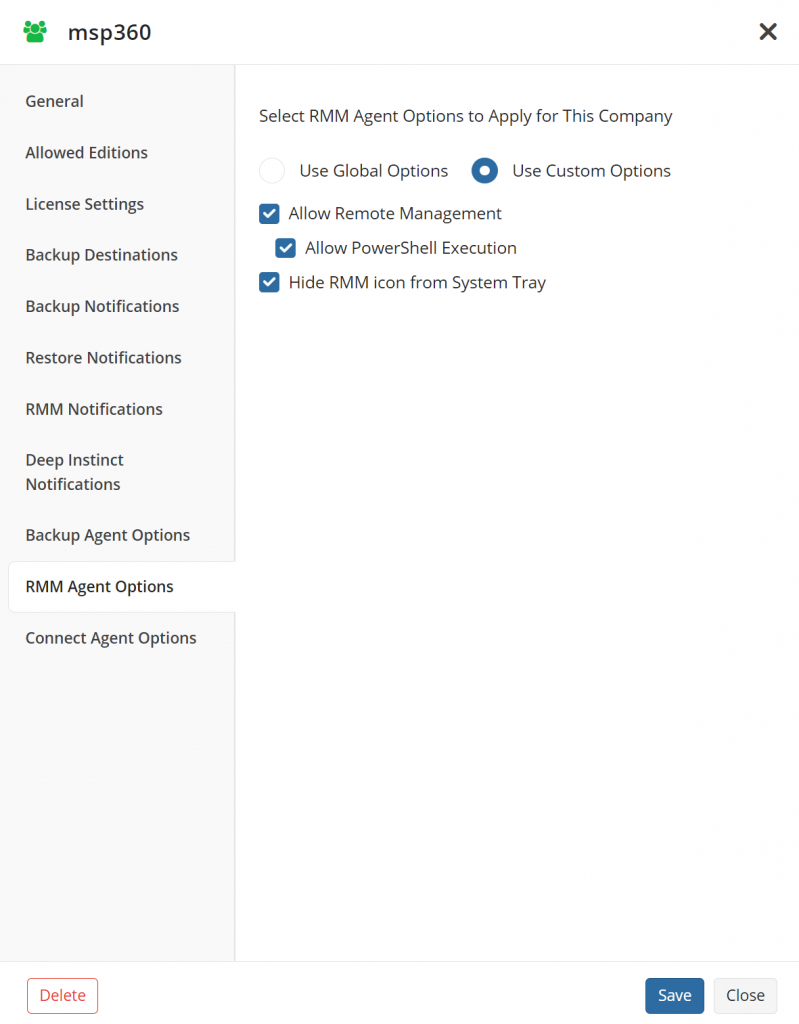 company agent options for RMM separately from Backup